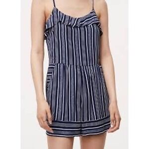 Ann Taylor LOFT Petites Striped Ruffle Romper Size 2P Nautical Navy Pockets